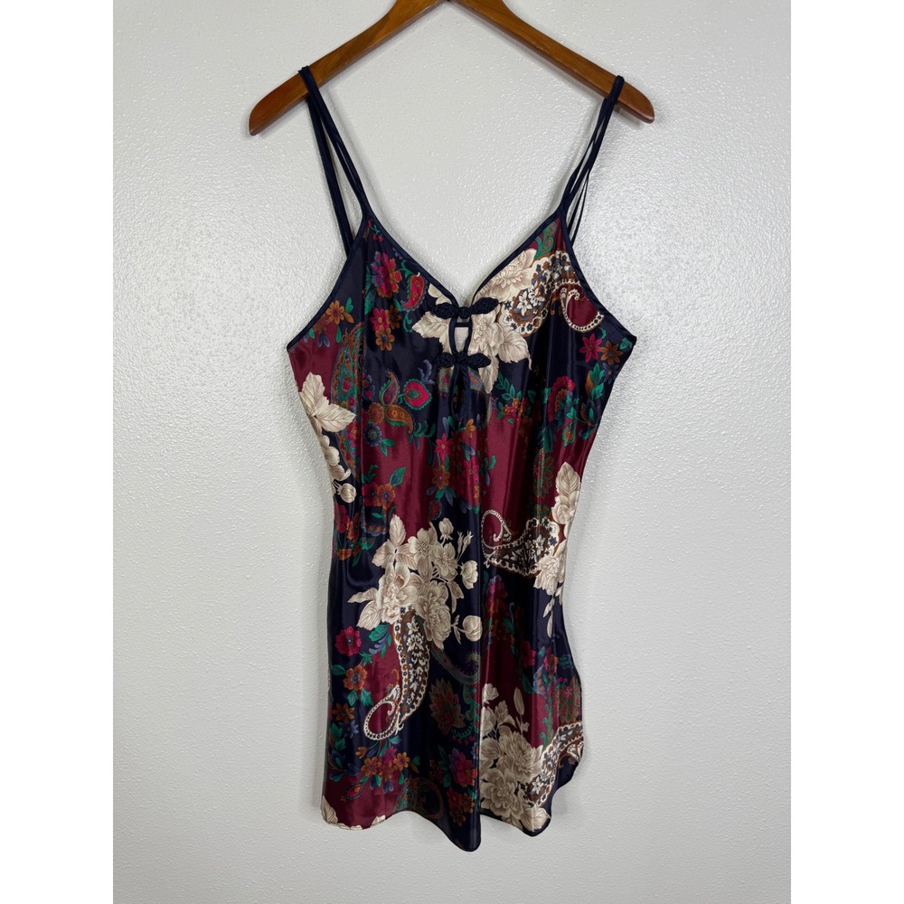 California Dynasty Vintage Floral Paisley Satin Chemise Nightgown Navy Burgundy